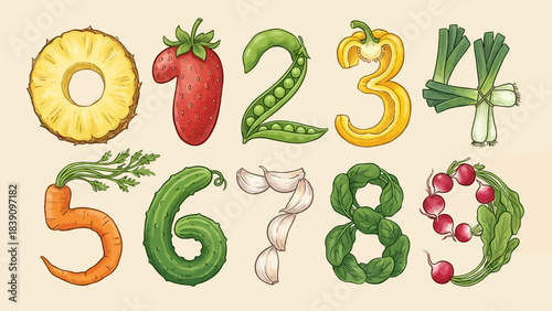 Fruit & Veggie Numbers: Creative Illustrations of Digits 0–9 Formed with Pineapple, Strawberry, Peas, Pepper, Onion, Carrot, Cucumber, Garlic, Brussels Sprouts, and Radish for Educational UI