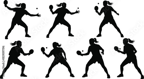 Silhouette table tennis player action poses collection featuring female athlete hitting ping pong ball with paddle for sports training vector illustration