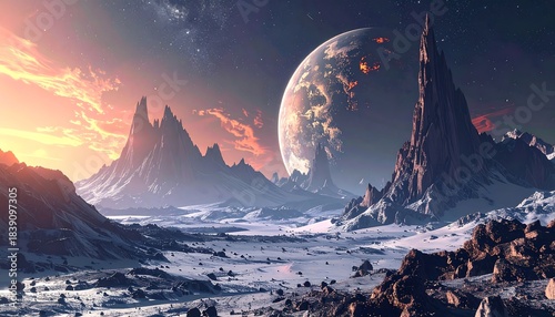 Exoplanet landscape at twilight with alien mountains under a massive moon and starry sky