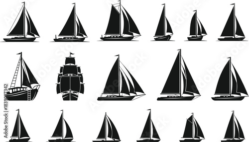 Sailboat silhouette collection featuring various sailing yachts, marine ships, nautical vessels and ocean travel boat illustrations for maritime design projects