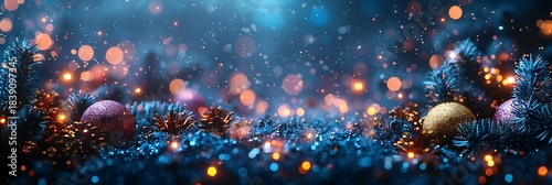 Panoramic Christmas Background with Festive Ornaments and Twinkling Lights