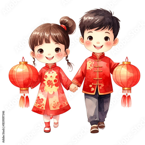 Chinese New Year couple children holding lanterns.