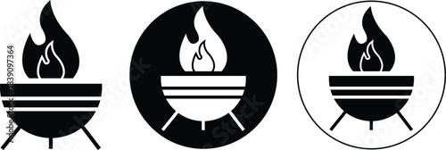 Outdoor fire pit icons set in flat styles. Graphic illustration depicting burning wood flame campfire barbecue BBQ grill minimalist silhouette design elements isolated on transparent background.