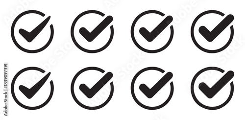 Black vector tick icons. Verified and success symbols.
