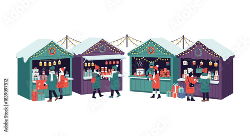 Festive Christmas market stalls with people shopping and enjoying the holiday season.