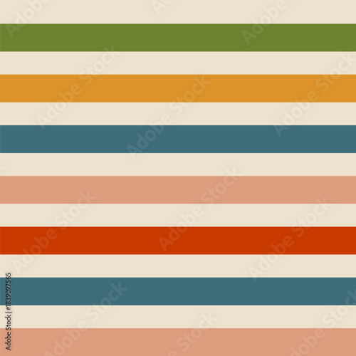 Seamless retro stripe pattern with horizontal lines in warm earthy tones. Simple geometric design featuring mustard, teal, olive, clay, red and cream colors, ideal for textiles, decor, packaging