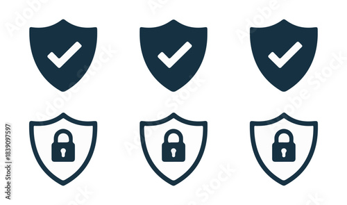 Cyber security icons. Shield with lock and check signs.