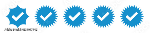 Set of blue verification stars. Official account symbols.