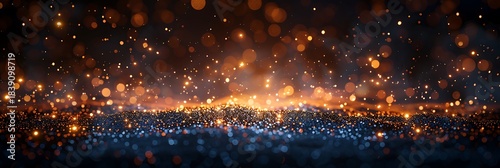 Panoramic view of glowing embers and magical sparkles shimmering in a dark fantasy landscape