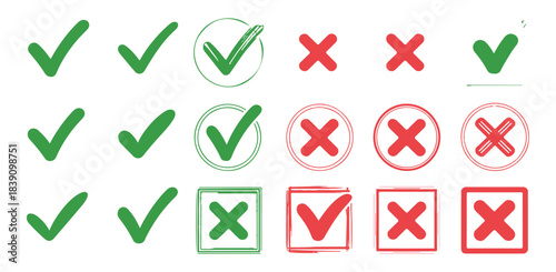 Collection of green ticks and red X signs. Yes and No icons.