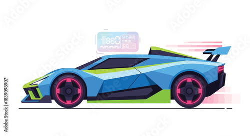 Futuristic blue sports car speeding with vibrant colors and design.