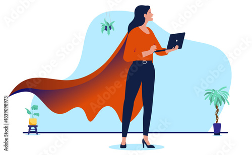 Empowered professional woman or female worker wearing a superhero cape while working on a laptop, symbolising efficiency, power, multitasking and success, minimal flat design vector illustration