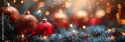 Panoramic Christmas Ornaments Adorned with Festive Bokeh Lights and Fir Branches