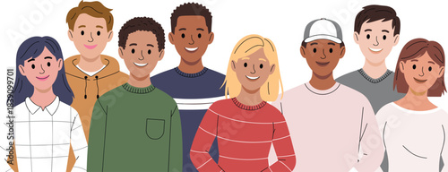 Group of diverse young people illustration, smiling friends, happy teens, modern characters, multicultural youth, cartoon portrait collection, community concept artwork