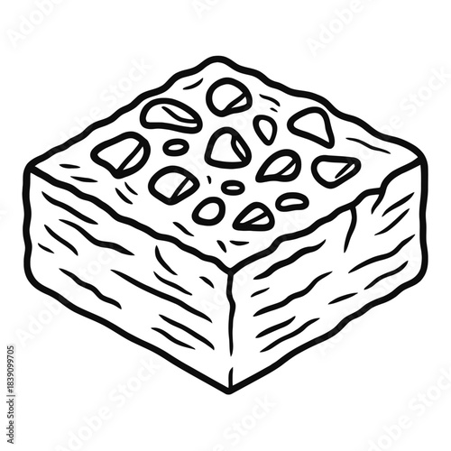 Hand-drawn dark chocolate brownie bar illustration, generously topped with crunchy nuts, a rich gourmet homemade dessert. This perfect square baked sweet treat graphic is ideal for food blogs
