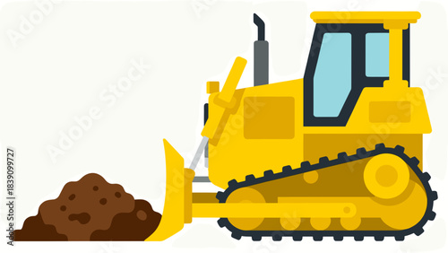 Yellow bulldozer moving dirt on a construction site concept of road, cargo transport, special machinery  