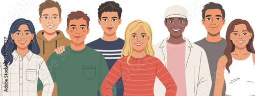 Group of diverse young people illustration, smiling friends, happy teens, modern characters, multicultural youth, cartoon portrait collection, community concept artwork