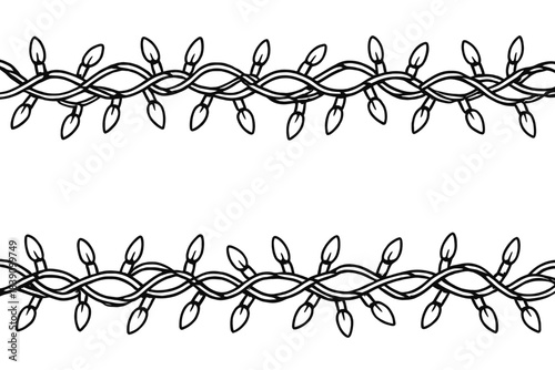 Elegant Monochrome String Lights Border Design: Stylish white unlit bulbs intertwined on dark gradient. Perfect for festive holiday frames, minimalist decor, modern graphic design, event backdrops