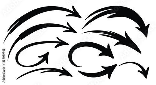 Set of various black handdrawn curved and swirling arrows pointing in different directions