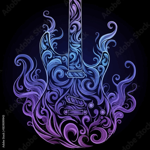 Electric Guitar with Swirling Floral and Smoke Design on Black Background.