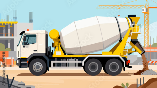 Cement mixer truck unloading concrete at construction site  