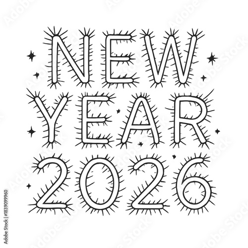 Embrace the future with this bold 'New Year 2026' graphic, featuring glowing, spiky typography on a dark, starry background. Ideal for digital greetings, party invitations, banners
