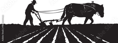 Farmer plowing field with horse silhouette agriculture