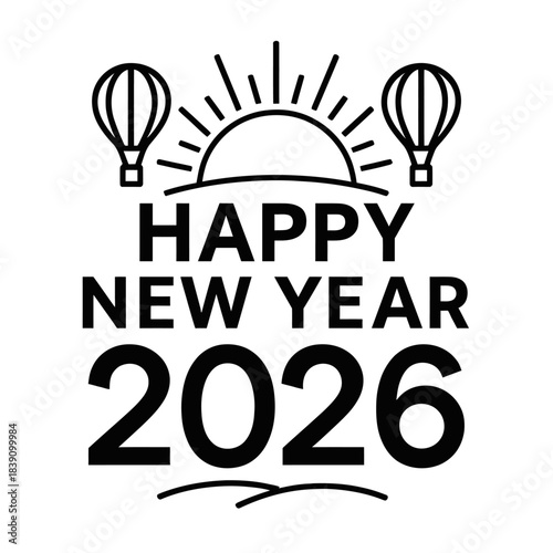 Happy New Year 2026 minimalist outline illustration with two elegant hot air balloons rising towards a vibrant sunrise over rolling hills on a dark background, perfectly symbolizing new beginnings