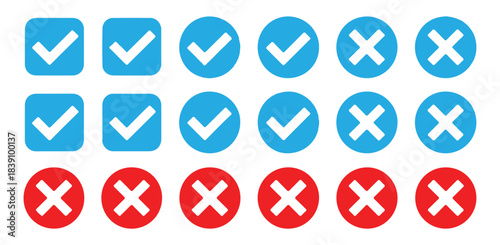 Collection of solid Yes and No signs. Blue ticks and red X symbols.