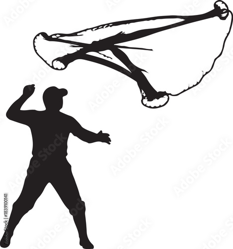 Silhouette of a baseball player throwing a ball on white background Keywords: baseball, player