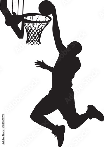 Silhouette of a basketball player dunking on white background Keywords: basketball, player