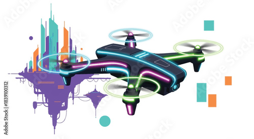 Futuristic drone with neon lights and advanced technology flying in the air.