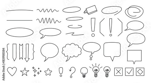 Hand drawn doodle elements set lines, circles, speech bubbles, shapes, icons