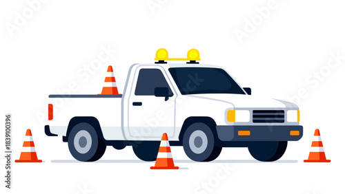 Pickup truck with warning lights surrounded by traffic cones  