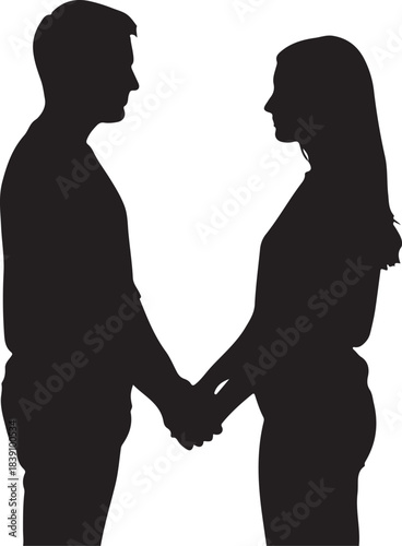 Silhouette of a couple holding hands facing each other Keywords: couple, silhouette, holding