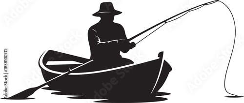 Silhouette of a fisherman in a boat casting a fishing rod on a white background
