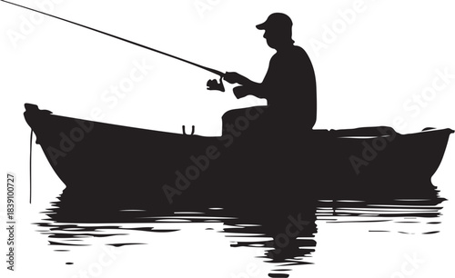 Silhouette of a fisherman in a boat on water fishing