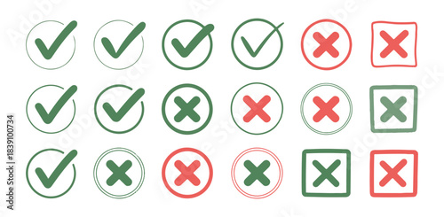 Hand drawn check marks and cross icons set. Muted green and red sketch symbols.