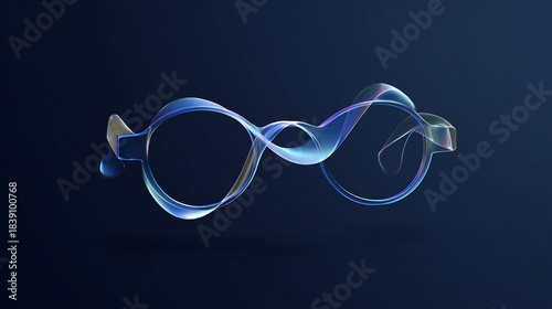 Artistic rendition of eyeglass frames crafted from iridescent, flowing ribbons on a dark backdrop