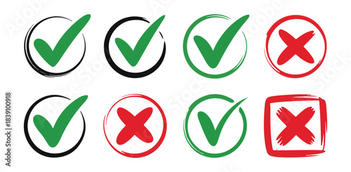 Hand drawn check marks and cross icons set. Brush stroke symbols.