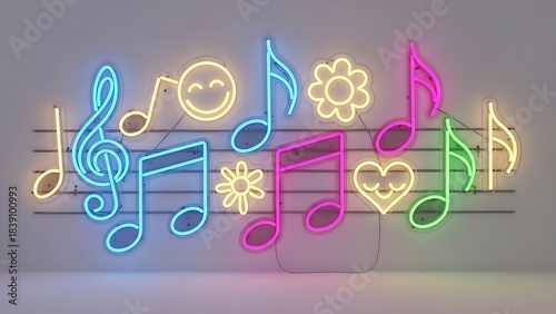 Vibrant neon music notes and symbols on wall
