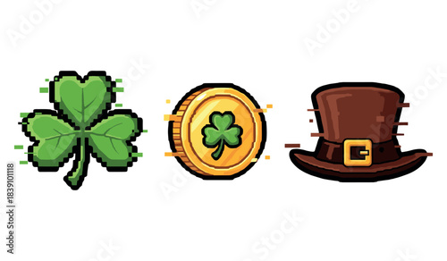 Pixel art icons: clover, gold coin, leprechaun hat for st. patrick's day celebration