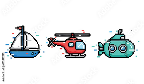 Pixel art transportation: sailboat, helicopter, submarine illustrations