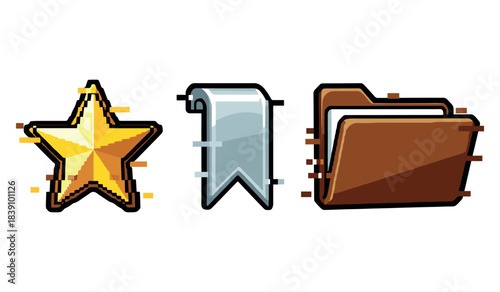 Digital icons: pixelated star, bookmark, and folder on white background