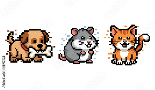Pixel art pets: playful dog, curious hamster, and cheerful cat