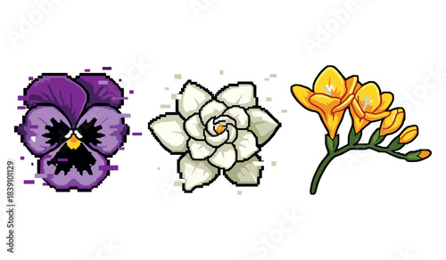 Pixel art flowers: purple pansy, white gardenia, yellow freesia