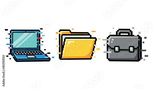Pixel art technology icons: laptop, folder, briefcase symbolizing digital workspace
