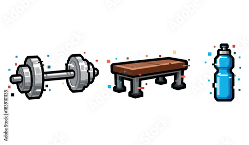 Pixel art gym equipment: dumbbell, bench, and water bottle