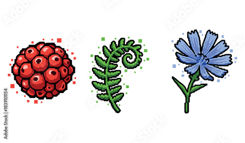 Pixel art of red berry, green fern, and blue flower