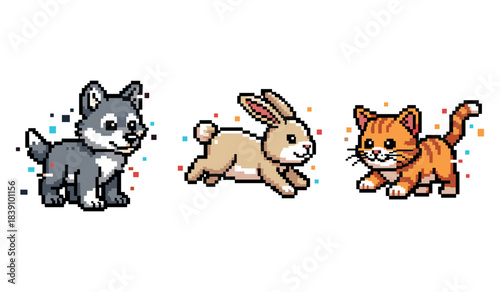 Pixel art trio: cute dog, bunny, and cat with colorful sprinkles